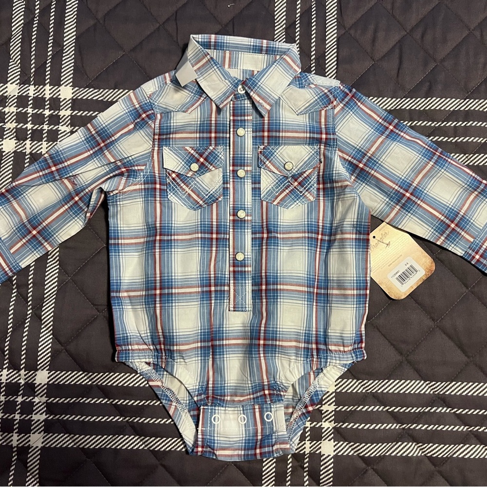 Wrangler Kids Blue and Orange Plaid Button-Down Shirt
